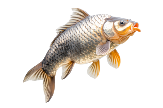 Closeup of fresh common carp fish with detailed scales and fins, isolated on white transparent background, concept of aquatic life