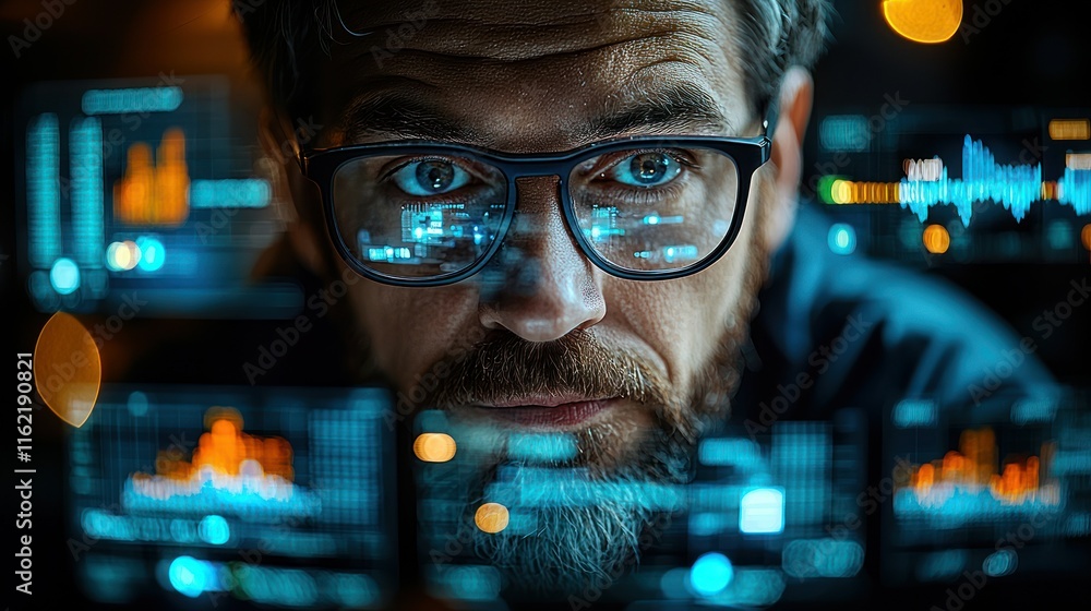 Poster man analyzing data on digital screens with focus.