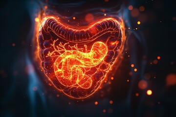 The human stomach's crimson, glowing architecture displays the nerve system. Generative Ai