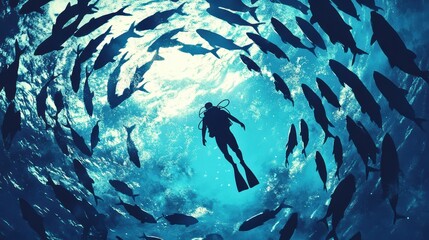 A man is swimming in a school of fish