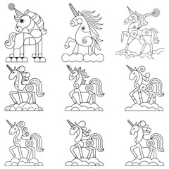 Cute coloring book with portrait of unicorn with closed eyes. Vector illustration for kids, black outline on white.