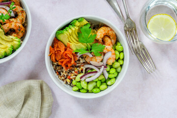 Spiced prawn, avocado and kimchi bowl - Korean inspired healthy food