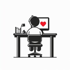 A figure of a man sits at a table in front of a computer. A red heart is on the screen. Valentine's Day, a declaration of love.