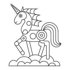 Illustration of a cute kawaii unicorn coloring page. Black and white outline vector cartoon character colouring book