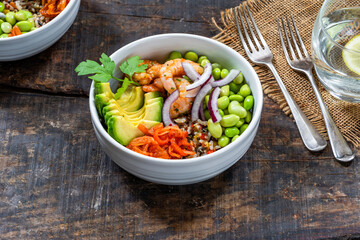 Spiced prawn, avocado and kimchi bowl - Korean inspired healthy food