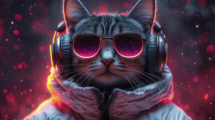 stylish tabby cat wearing headphones and sunglasses, exuding cool vibes