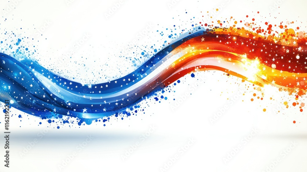 Poster colorful abstract wave design with splashes and sparkles.