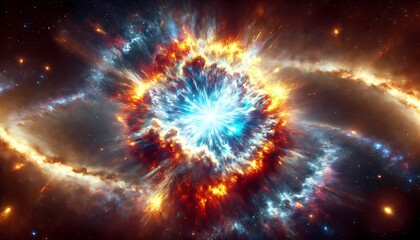 A massive supernova explosion, with bright light and expanding shockwaves, surrounded by a cloud of glowing debris