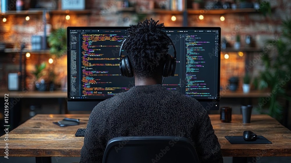 Poster person coding at a desk with a large monitor.