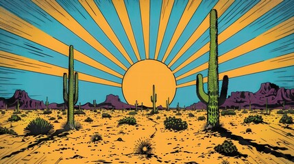 Vibrant sunrise over a desert landscape with cacti and mountains, illustrated in a retro comic book style.
