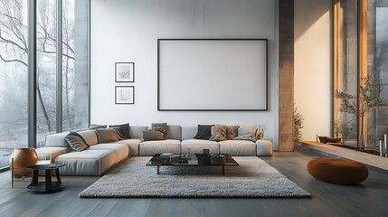 Modern living room with large window, sectional sofa, and blank canvas.