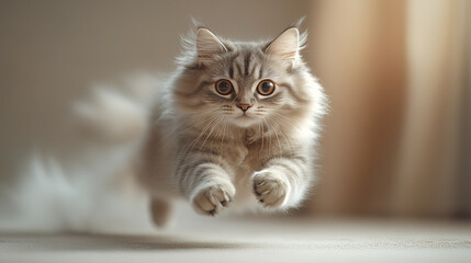 Obraz premium Fluffy grey cat leaping energetically with its tail trailing behind