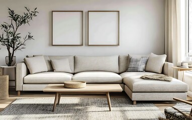Modern living room interior with beige sectional sofa, wooden coffee table, two framed posters, and rug.