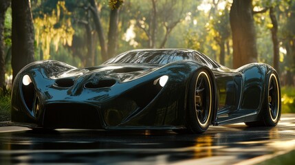 Futuristic Black Sports Car on a Scenic Drive