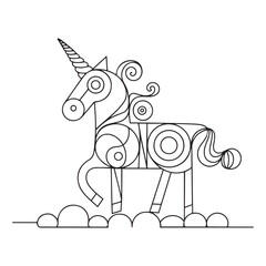 Illustration of a cute kawaii unicorn coloring page. Black and white outline vector cartoon character colouring book