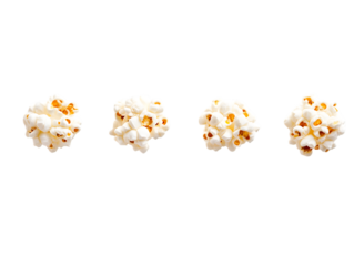 A series of popcorn clusters arranged in a row isolated on a white background, png transparent, showcasing their fluffy texture.