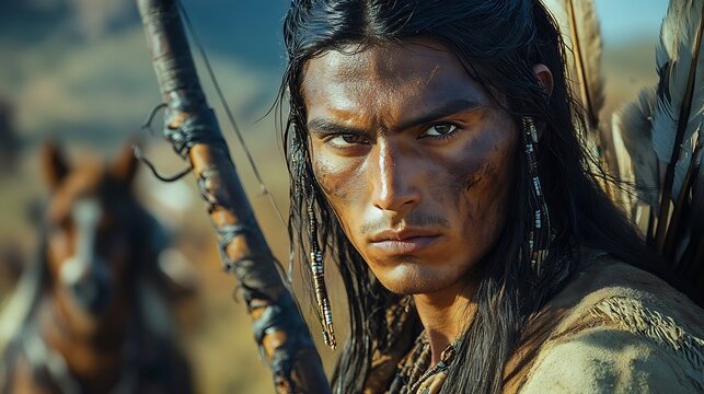 Apache warrior from the 19th century in traditional buckskin clothing and a bow on a rugged American landscape
