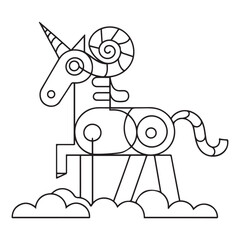 Illustration of a cute kawaii unicorn coloring page. Black and white outline vector cartoon character colouring book