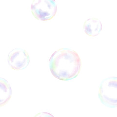 Round soap bubbles on seamless pattern. Watercolor digital illustration. Soap bubbles of different sizes, with rainbow reflection on isolated white background. Theme of holiday, birthday, cleaning
