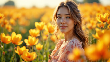Naklejka premium Woman in spring dress surrounded by flowers, sunlight falling on her face