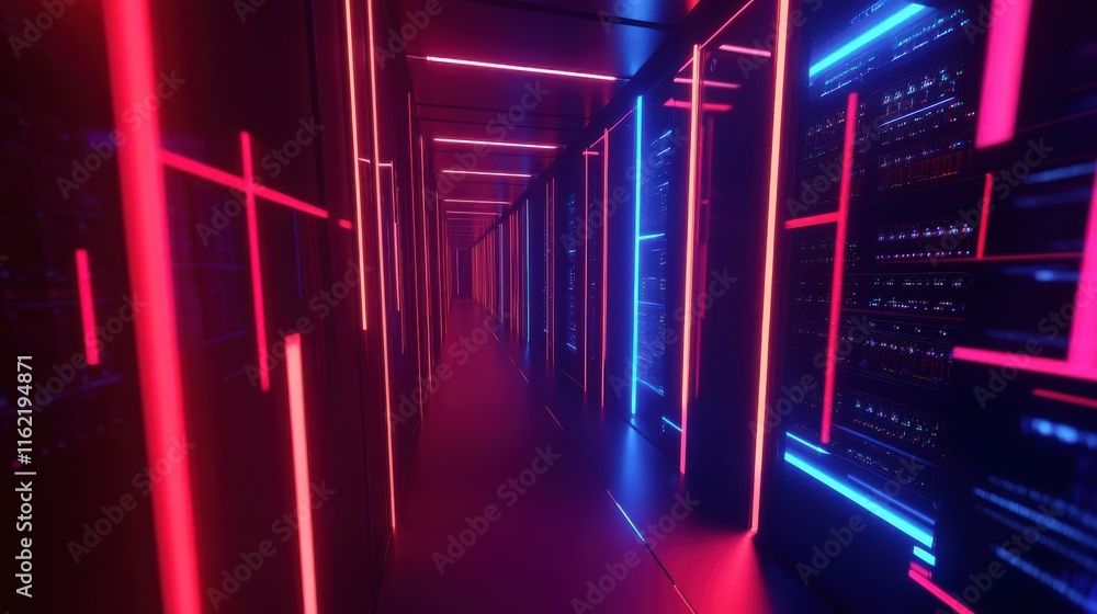 Poster shot of corridor in working data center full of rack servers and supercomputers with cloud storage a