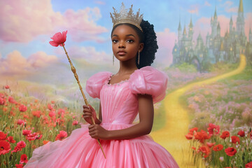 Beautiful Black girl dressed as a fairy in pink with a flower wand and a tiara in a magical kingdom with a poppy field and a yellow road.