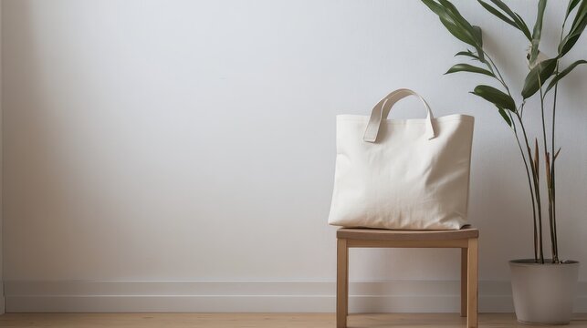 A beige tote bag rests on a wooden stool near a plant - Powered by Adobe