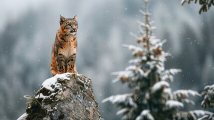 A bobcat sits on a snow-covered rock in a snowy forest, looking calmly ahead. Snowflakes gently fall.
