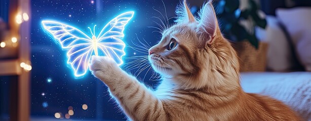 Creative Content Featuring Pets in Fun and Relatable Scenarios, a cat pawing at a glowing neon butterfly in a cozy room, with reflections of a starry sky in the background