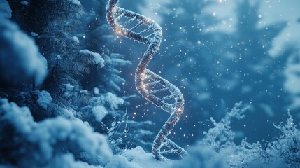 DNA helix amidst a snowy forest with glowing effects.