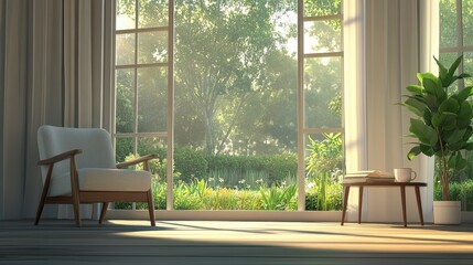 Fototapeta premium A minimalist living room with large windows overlooking a quiet garden, featuring a comfortable chair, a small side table with a book and a cup of tea, and soft natural light filling the space