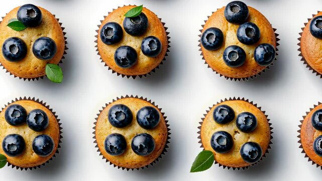 Row of blueberry muffins with a leaf on top. The muffins are arranged in a grid pattern