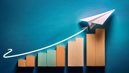 paper airplane ascending along a graph of rising profits symbolizing financial growth