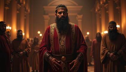 Naklejka premium Regal man in royal attire with serious expression in a grand hall, historical reenactment