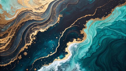 Abstract fluid art, aerial ocean view, turquoise and gold swirls, marbled texture, flowing lines, organic patterns, black and teal contrasts, liquid acrylic pour, geological formations, cosmic landsca