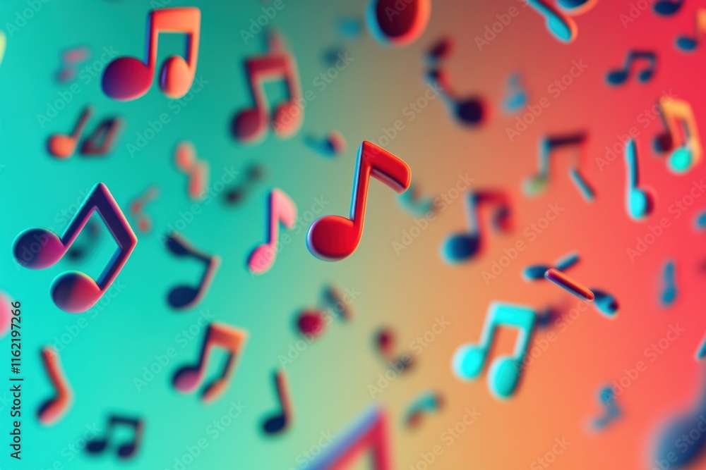 Poster Colorful 3D music notes floating in a vibrant abstract background creating a lively atmosphere for art and creativity. Generative AI