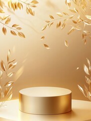 Luxury gold oriental art design with 3d cylinder podium background vector. Abstract minimal scene with gold botanical pattern for cosmetic product display, Stage pedestal for online shopping ad.