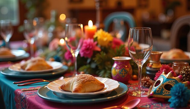 Festive Purim table setting with pastries and colorful decorations, symbolizing celebration