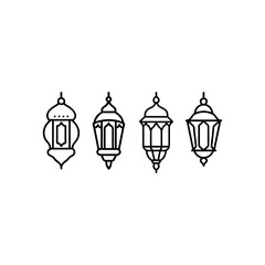 Elegant Black Line Art of Hanging Islamic Lanterns. Set of traditional vintage arab lanterns. Isolated line icons, logos, Vector illustrations for muslim holiday Ramadan Kareeem.