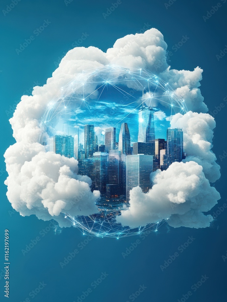 Poster Creative polygonal sphere with clouds and city on wide blue backdrop. Technology, network and future building concept. 3D Rendering
