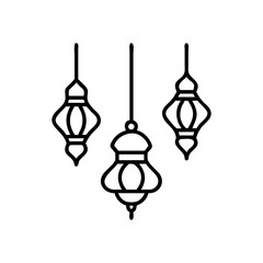 Elegant Black Line Art of Hanging Islamic Lanterns. Set of traditional vintage arab lanterns. Isolated line icons, logos, Vector illustrations for muslim holiday Ramadan Kareeem.
