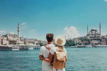 Obraz premium Couple, man and woman, holding each other contemplating a view of Istanbul, Turkey, on a summer day.