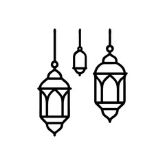 Elegant Black Line Art of Hanging Islamic Lanterns. Set of traditional vintage arab lanterns. Isolated line icons, logos, Vector illustrations for muslim holiday Ramadan Kareeem.