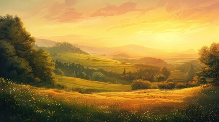Obraz premium A warm sunrise over a peaceful countryside, casting soft golden light on the rolling hills. 