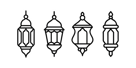 Elegant Black Line Art of Hanging Islamic Lanterns. Set of traditional vintage arab lanterns. Isolated line icons, logos, Vector illustrations for muslim holiday Ramadan Kareeem.