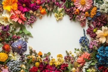 Fototapeta premium A frame of vibrant flowers on a white background with ample space for a greeting card