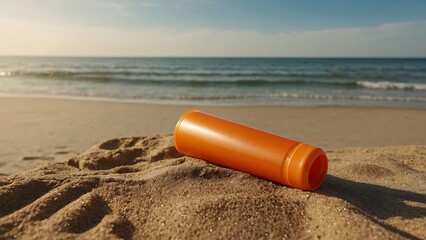 During summer vacation, sunscreen in an orange cosmetic tube Front view of a sandy beach and sea with sunscreen UV protection, cosmetic skin care, and summer vacation