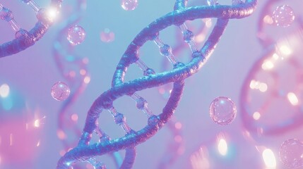 3D representation of DNA strands in a colorful background.