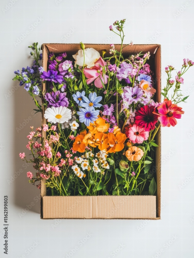 Poster delivery box filled with bright fresh flowers on a clear background for mock up purposes. generative