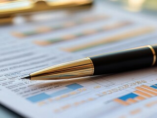 Fototapeta premium Elegant Pen on Financial Report with Charts and Data Analysis